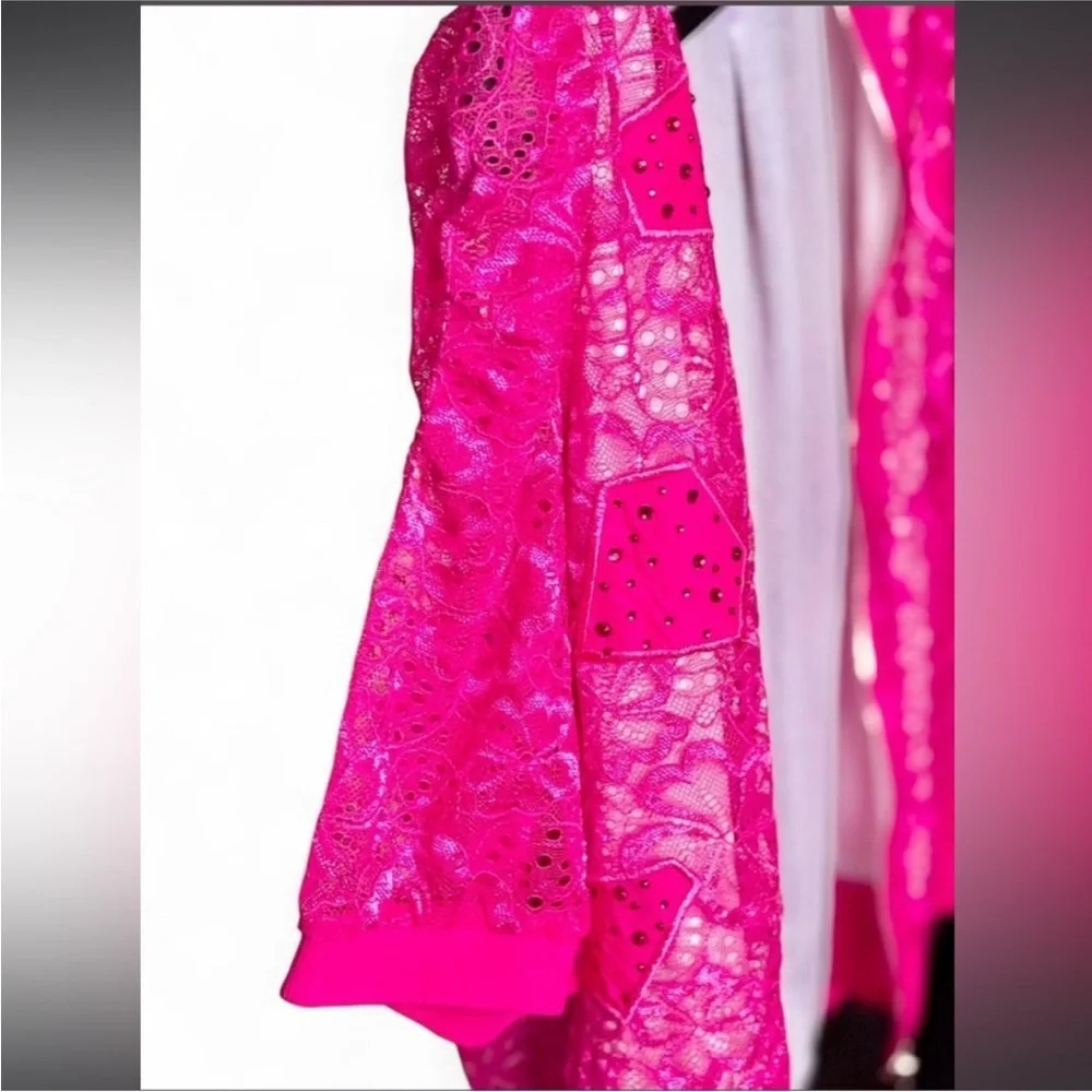 Hot Pink Y2K McBling Japanese Lace Zip-Front T-Shirt Cardigan - Picture 9 of 10